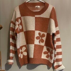 Entro Rust and Cream Floral Checkered Sweater